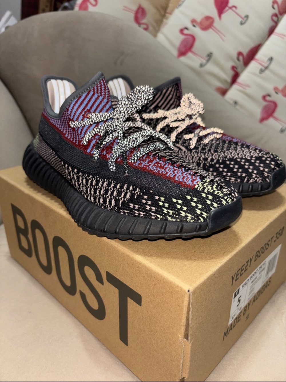 Yeezy Boost 350 V2 Black Multicolor Knit Running Shoes. reflective